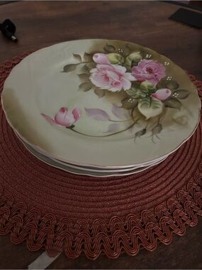 4 lefton Hand-Painted Pink Rose Porcelain Dinner Plate
